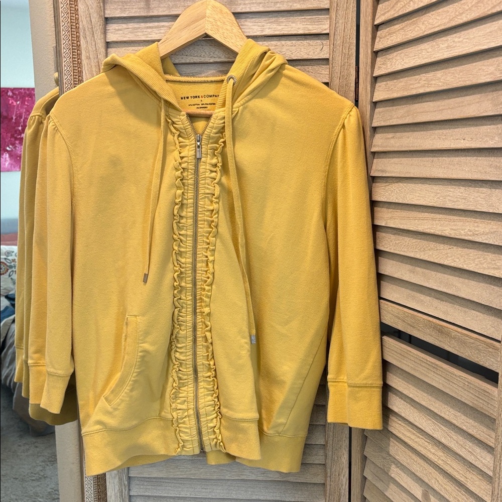 New York & Company Mustard Ruffle Trim Hoodie